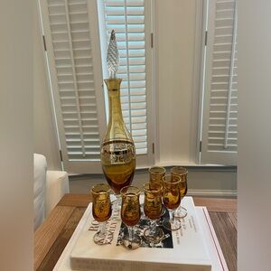 Amber Clear Twist Stem decantor with 6 Cordial Glasses with Gold Trim